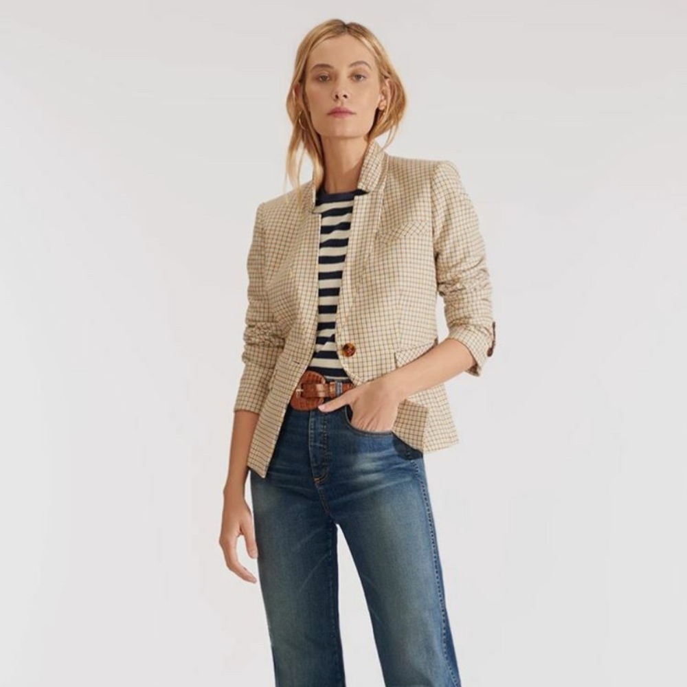 VERONICA BEARD Schoolboy Dickey Jacket Camel Ivory Plaid Blazer Womens Size 4 - Picture 3 of 9